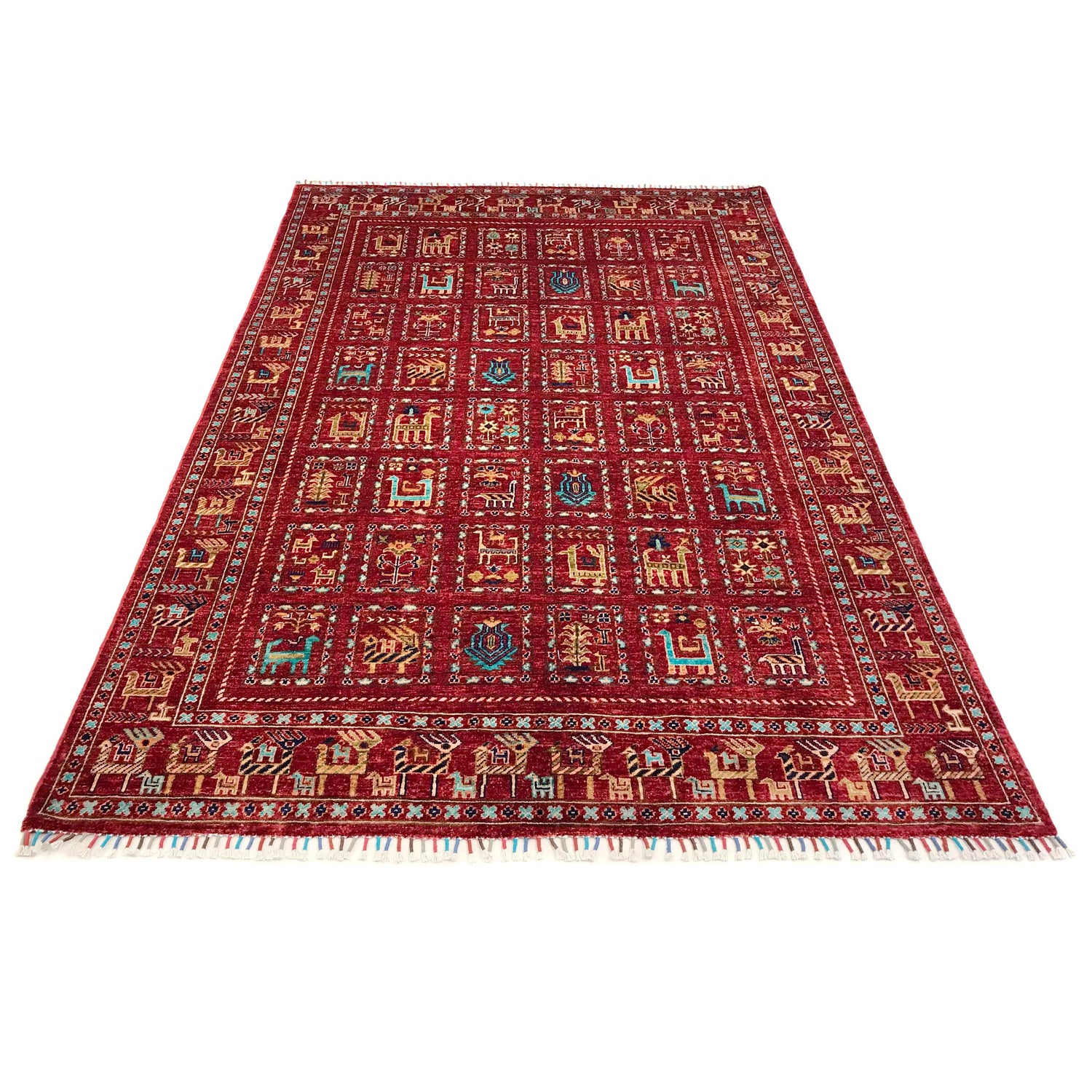 Shikargah Area Rug Handmade Burgundy Red Animal/Birds 5x8 ft