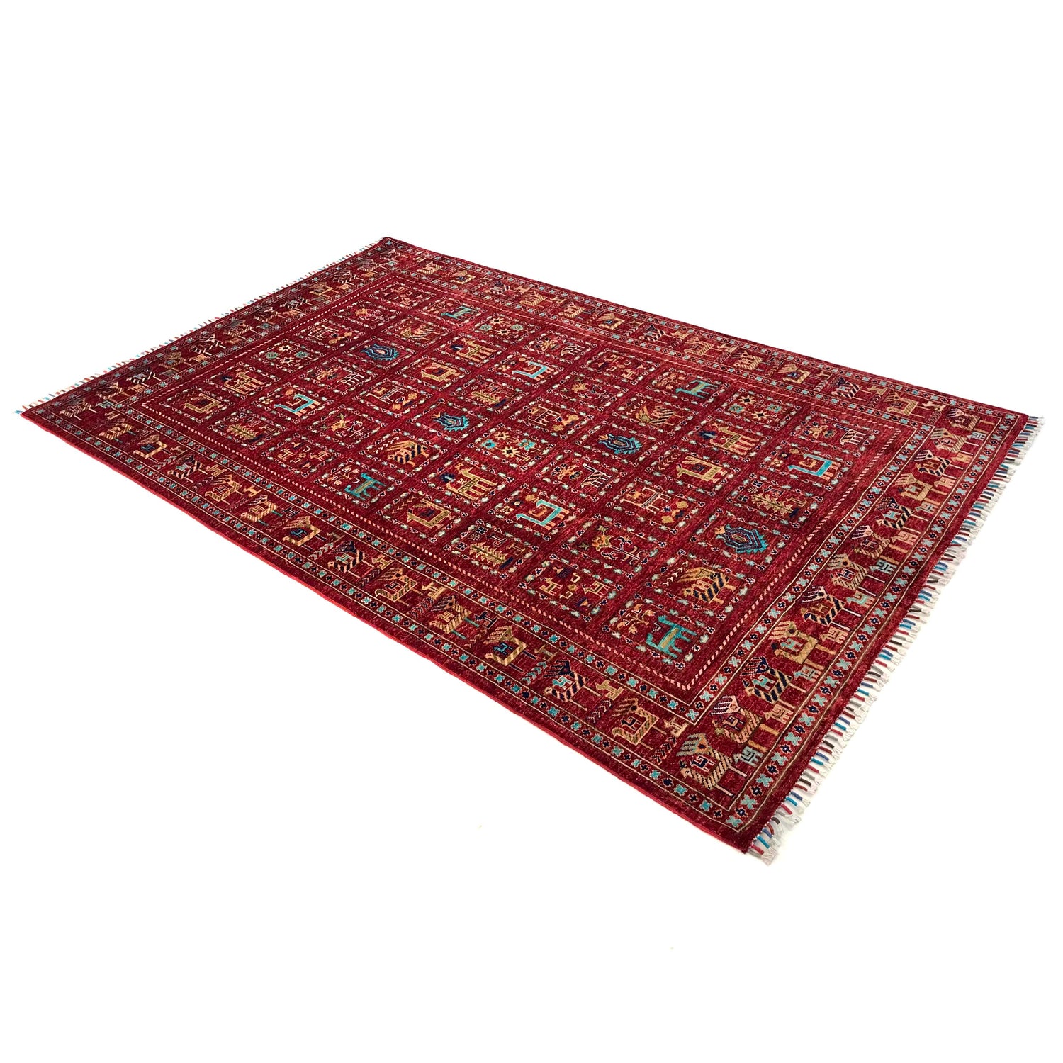 Shikargah Area Rug Handmade Burgundy Red Animal/Birds 5x8 ft