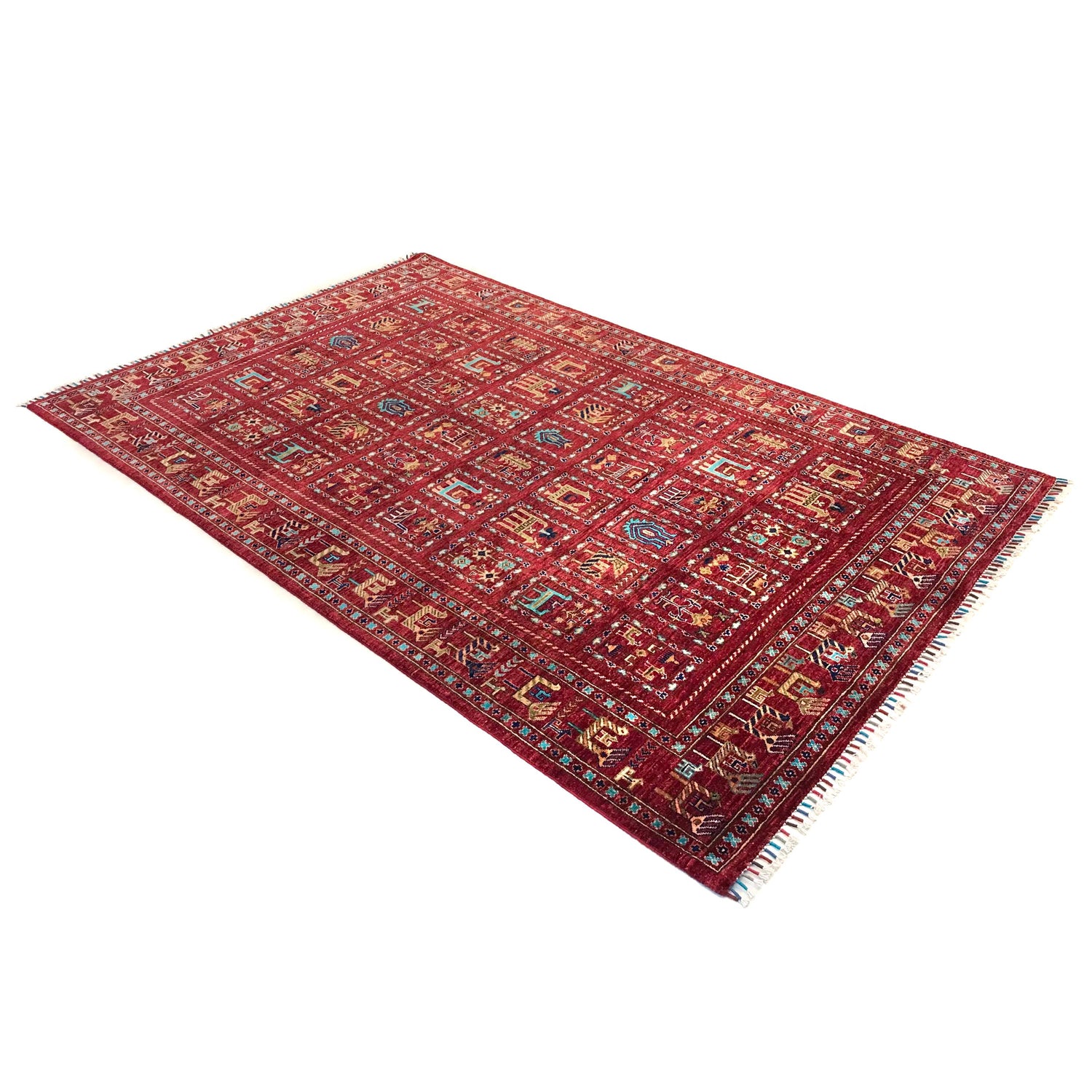 Shikargah Area Rug Handmade Burgundy Red Animal/Birds 5x8 ft