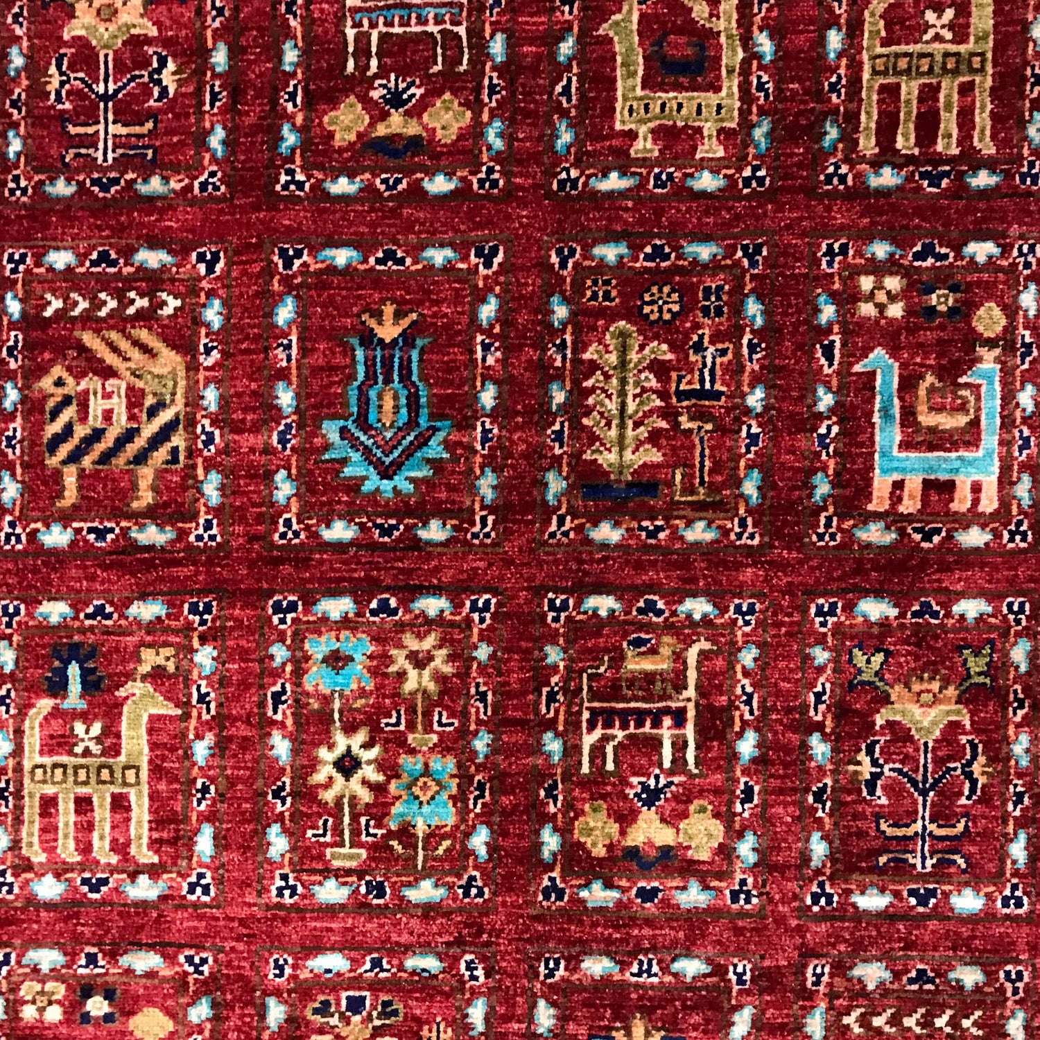 Shikargah Area Rug Handmade Burgundy Red Animal/Birds 5x8 ft