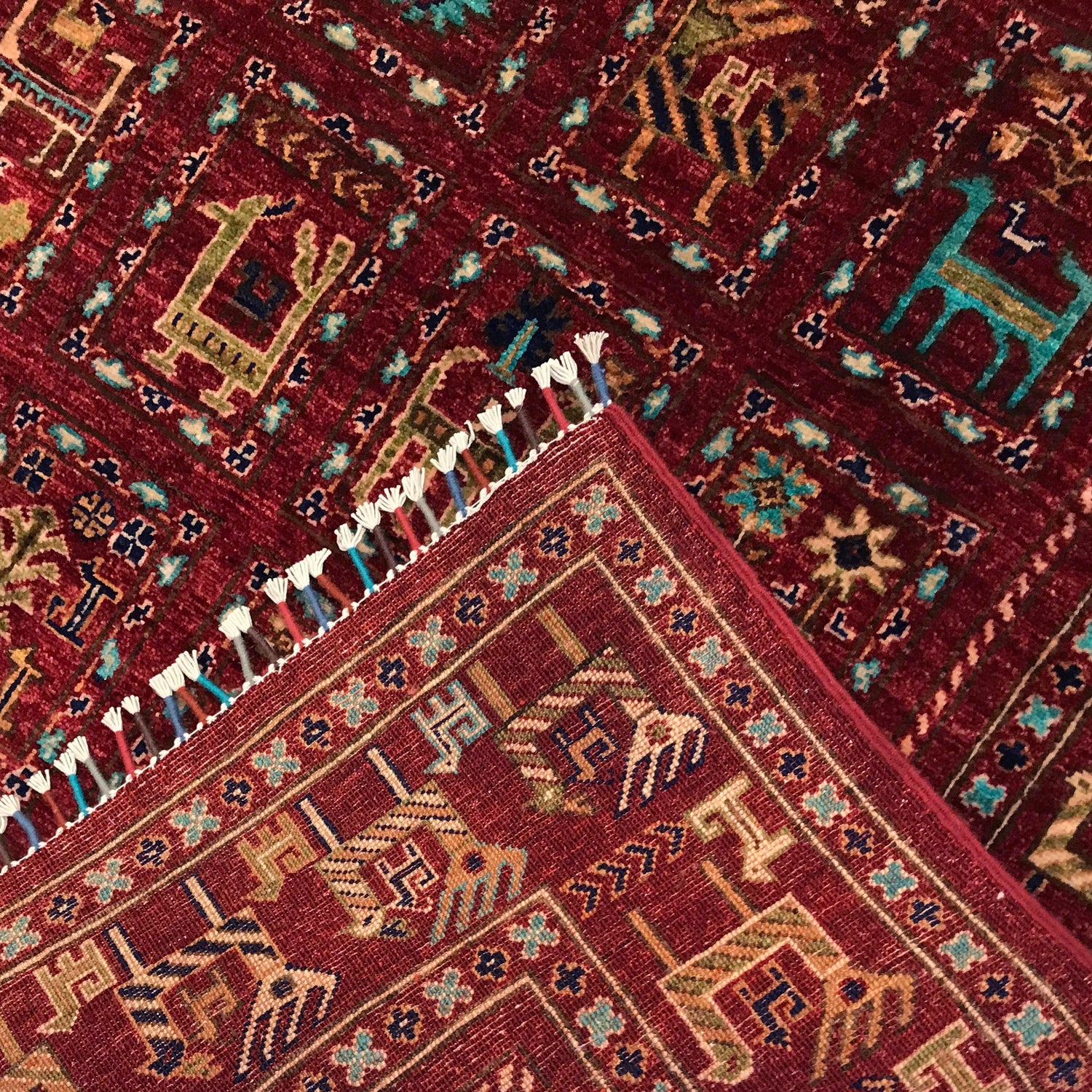 Shikargah Area Rug Handmade Burgundy Red Animal/Birds 5x8 ft