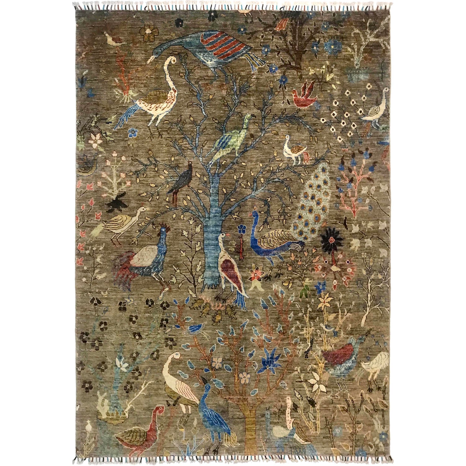 Shikargah Area Rug Handmade Green Animal/Birds 5x8 ft