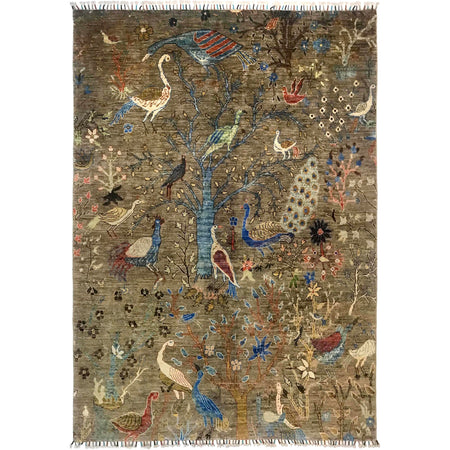 Shikargah Area Rug Handmade Green Animal/Birds 5x8 ft