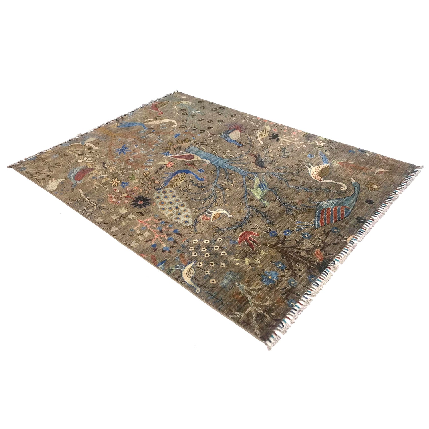 Shikargah Area Rug Handmade Green Animal/Birds 5x8 ft