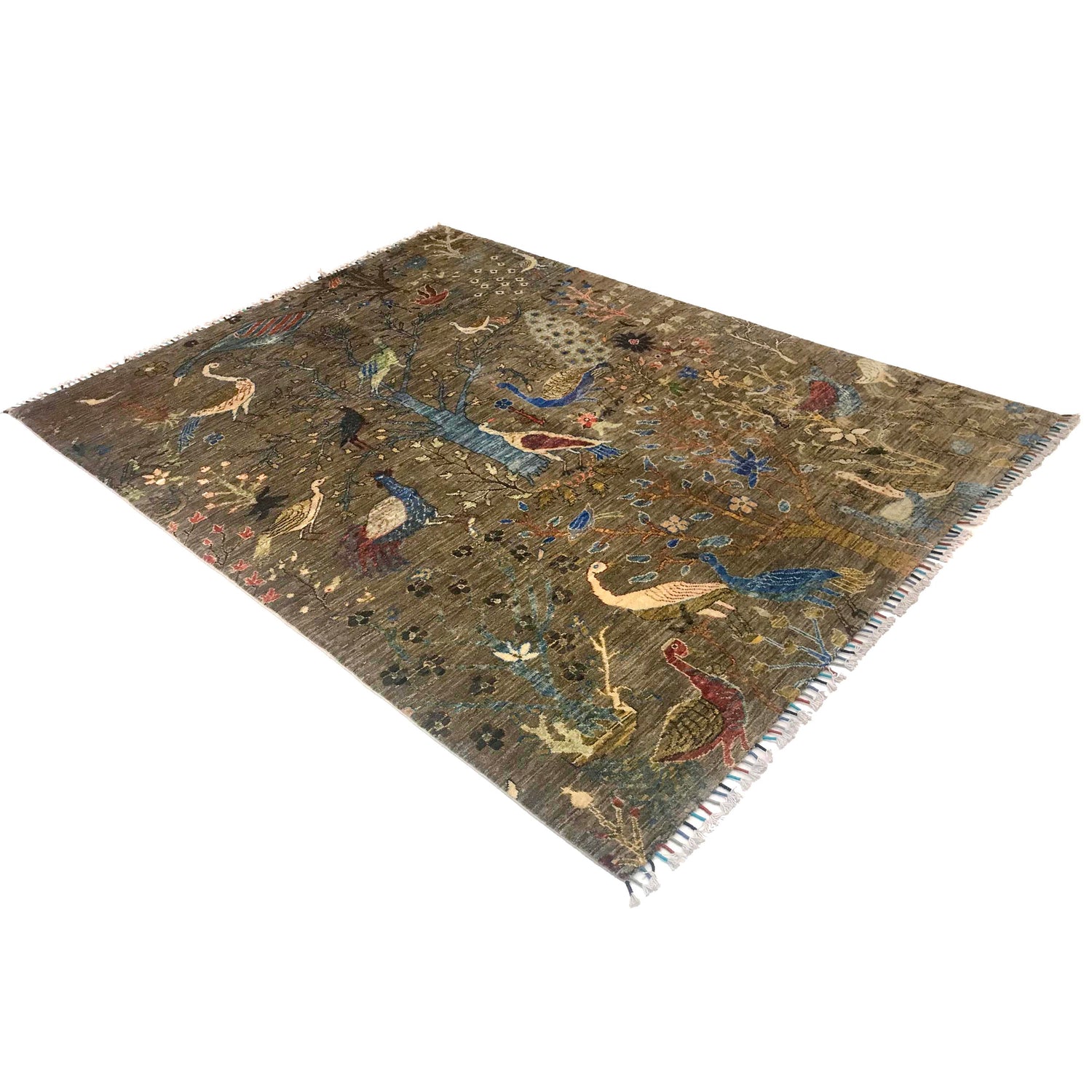 Shikargah Area Rug Handmade Green Animal/Birds 5x8 ft
