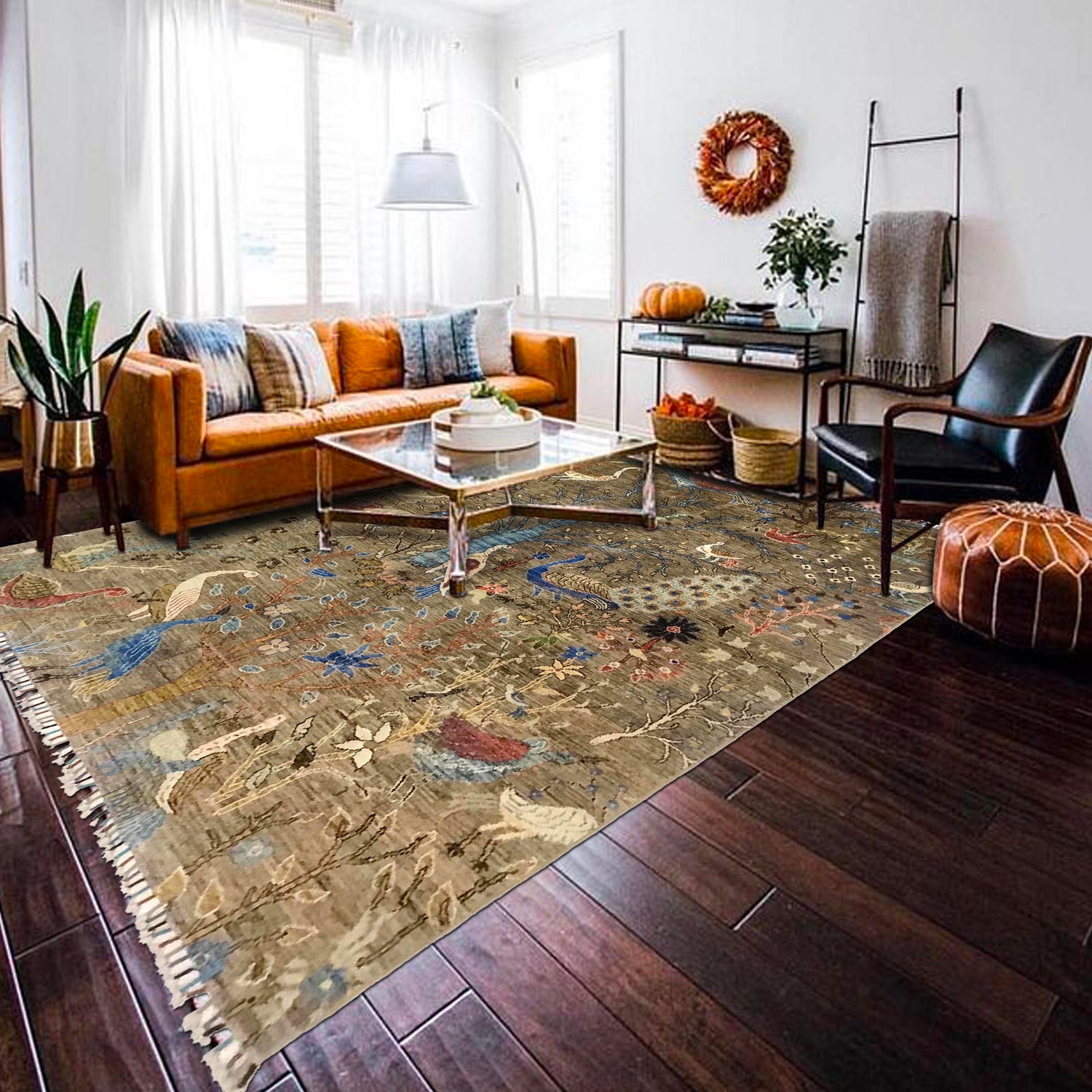 Shikargah Area Rug Handmade Green Animal/Birds 5x8 ft