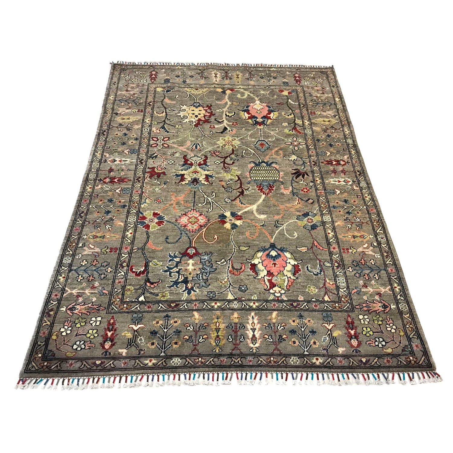 Sultani Area Rug Handmade Gray Floral 5x8 ft