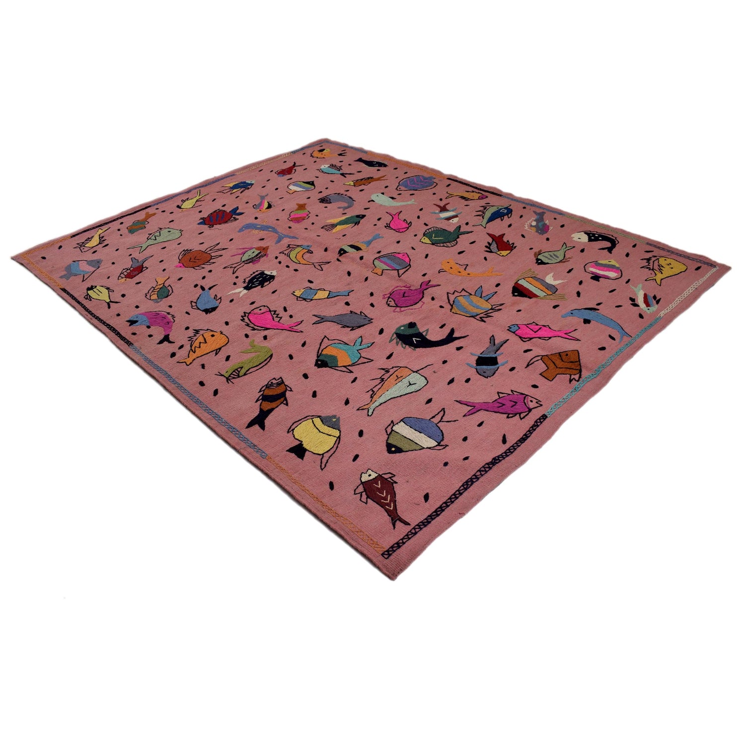 Embroidery Kilim Area Rug Handmade Pink Animal 5x8 ft