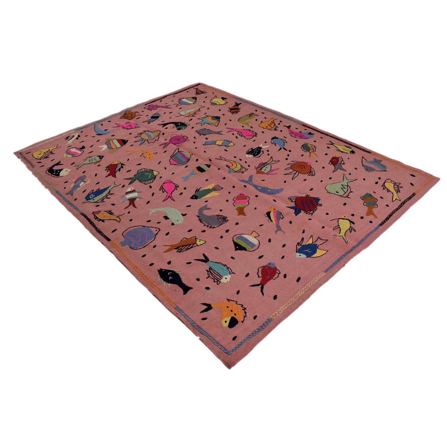 Embroidery Kilim Area Rug Handmade Pink Animal 5x8 ft