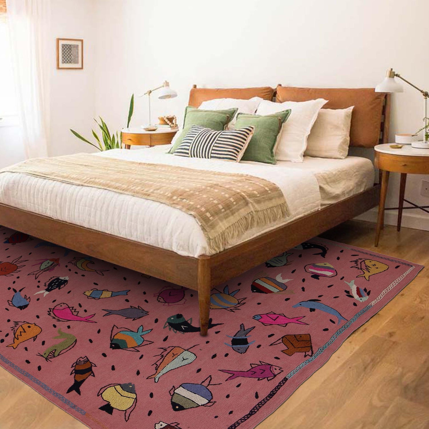 Embroidery Kilim Area Rug Handmade Pink Animal 5x8 ft