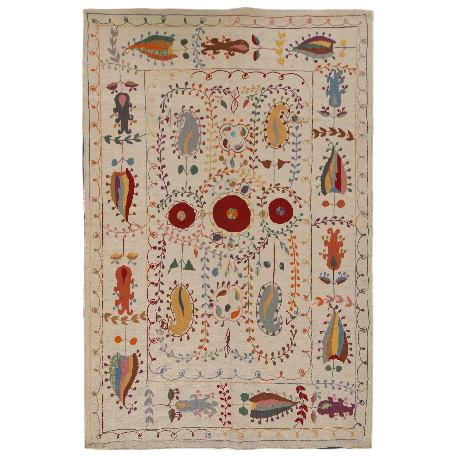 Embroidery Kilim Area Rug Handmade Beige Animal 5x8 ft