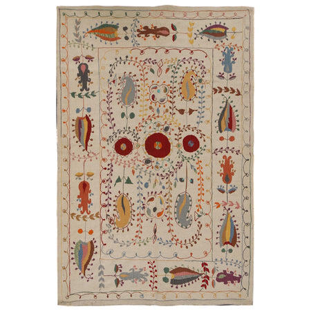 Embroidery Kilim Area Rug Handmade Beige Animal 5x8 ft