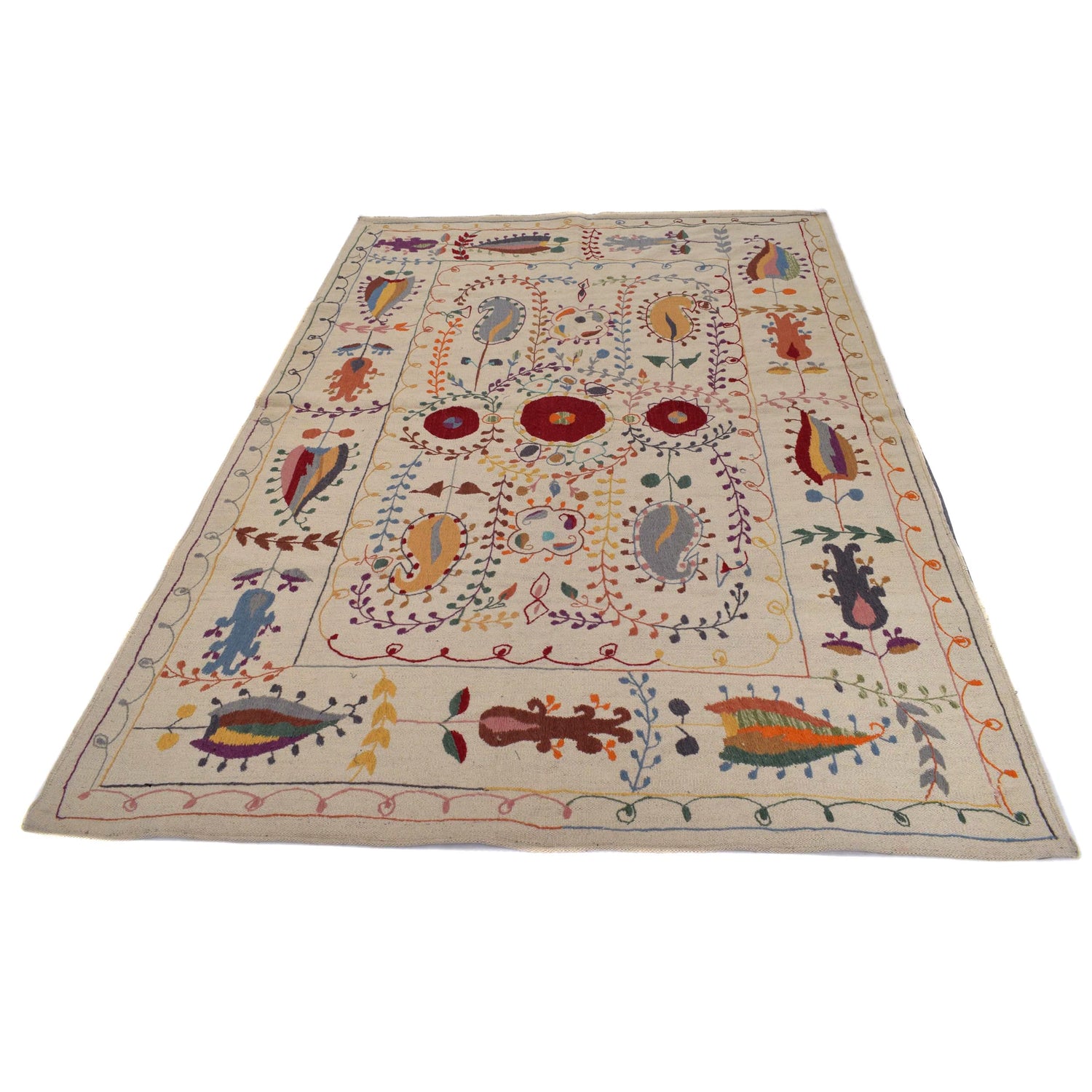 Embroidery Kilim Area Rug Handmade Beige Animal 5x8 ft