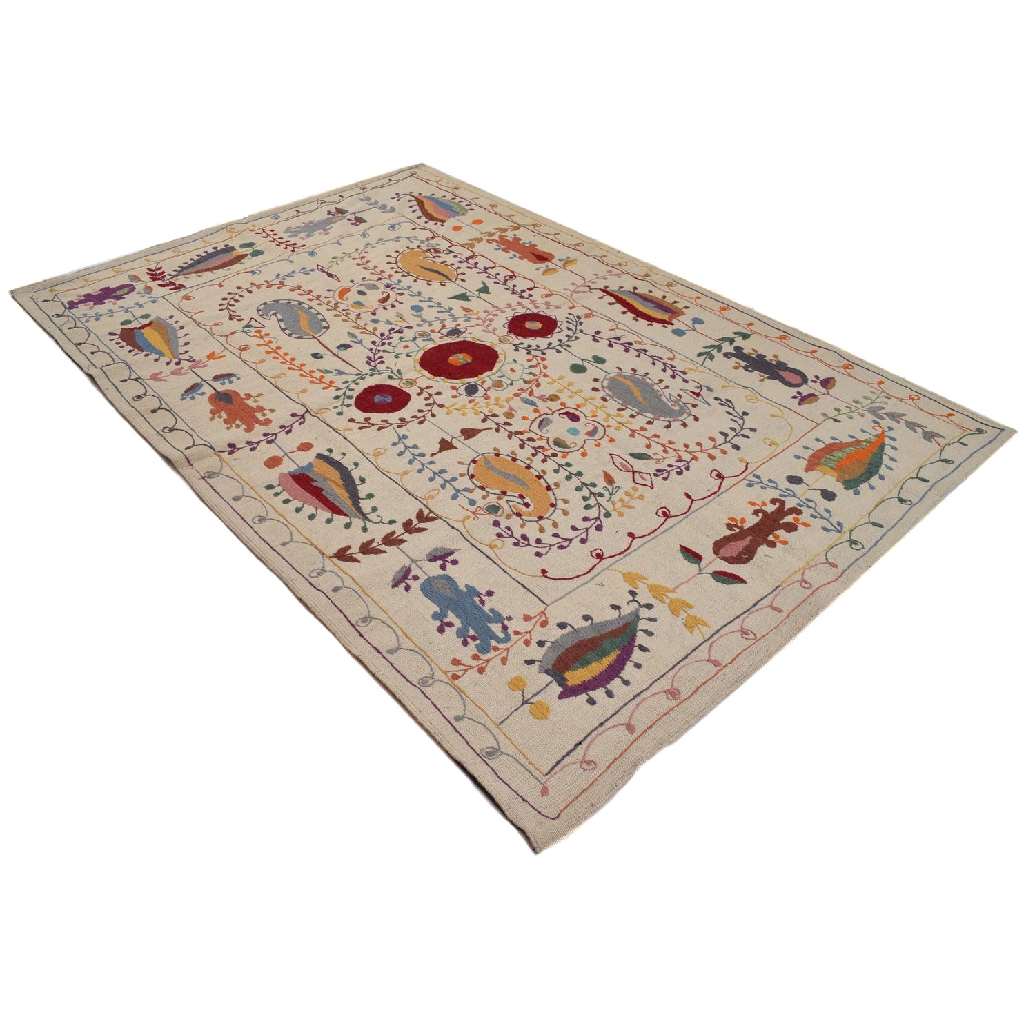 Embroidery Kilim Area Rug Handmade Beige Animal 5x8 ft