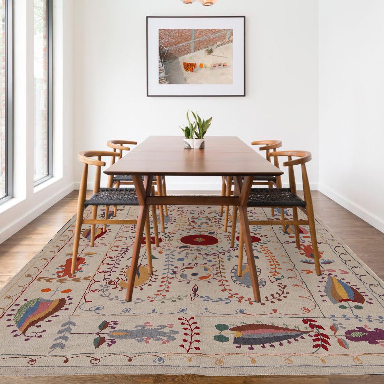 Embroidery Kilim Area Rug Handmade Beige Animal 5x8 ft