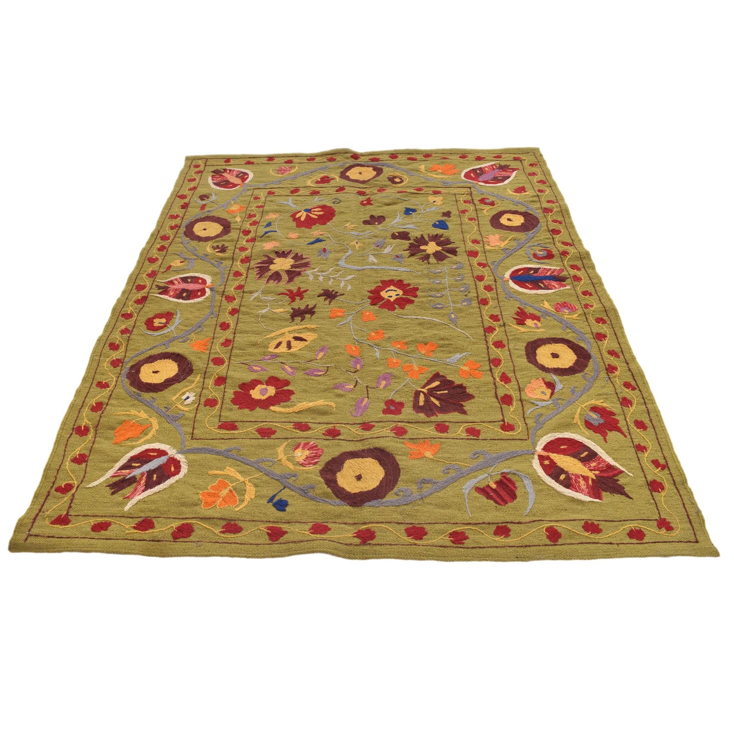 Embroidery Kilim Area Rug Handmade Green Animal 4x7 ft