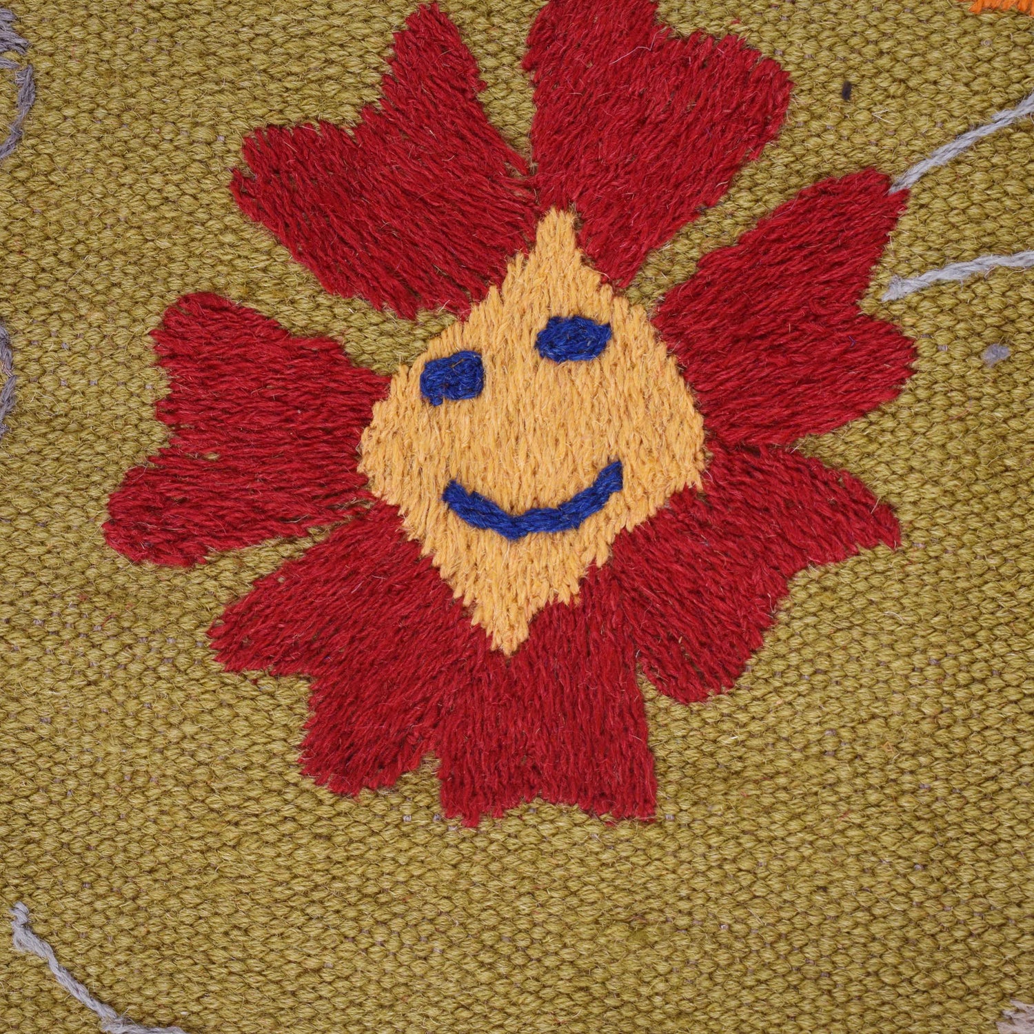 Embroidery Kilim Area Rug Handmade Green Animal 4x7 ft