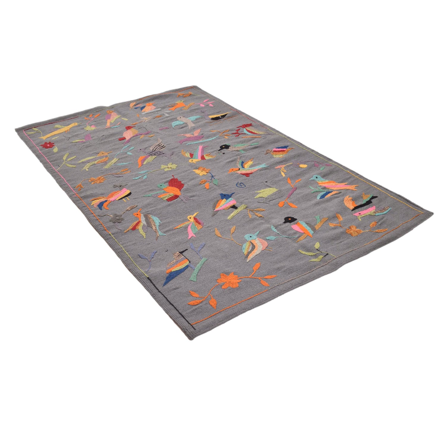 Embroidery Kilim Area Rug Handmade Gray Animal 4x6 ft