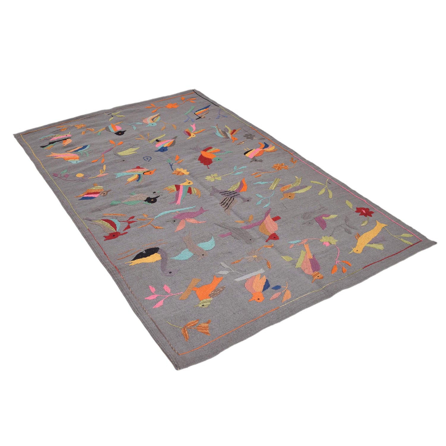 Embroidery Kilim Area Rug Handmade Gray Animal 4x6 ft