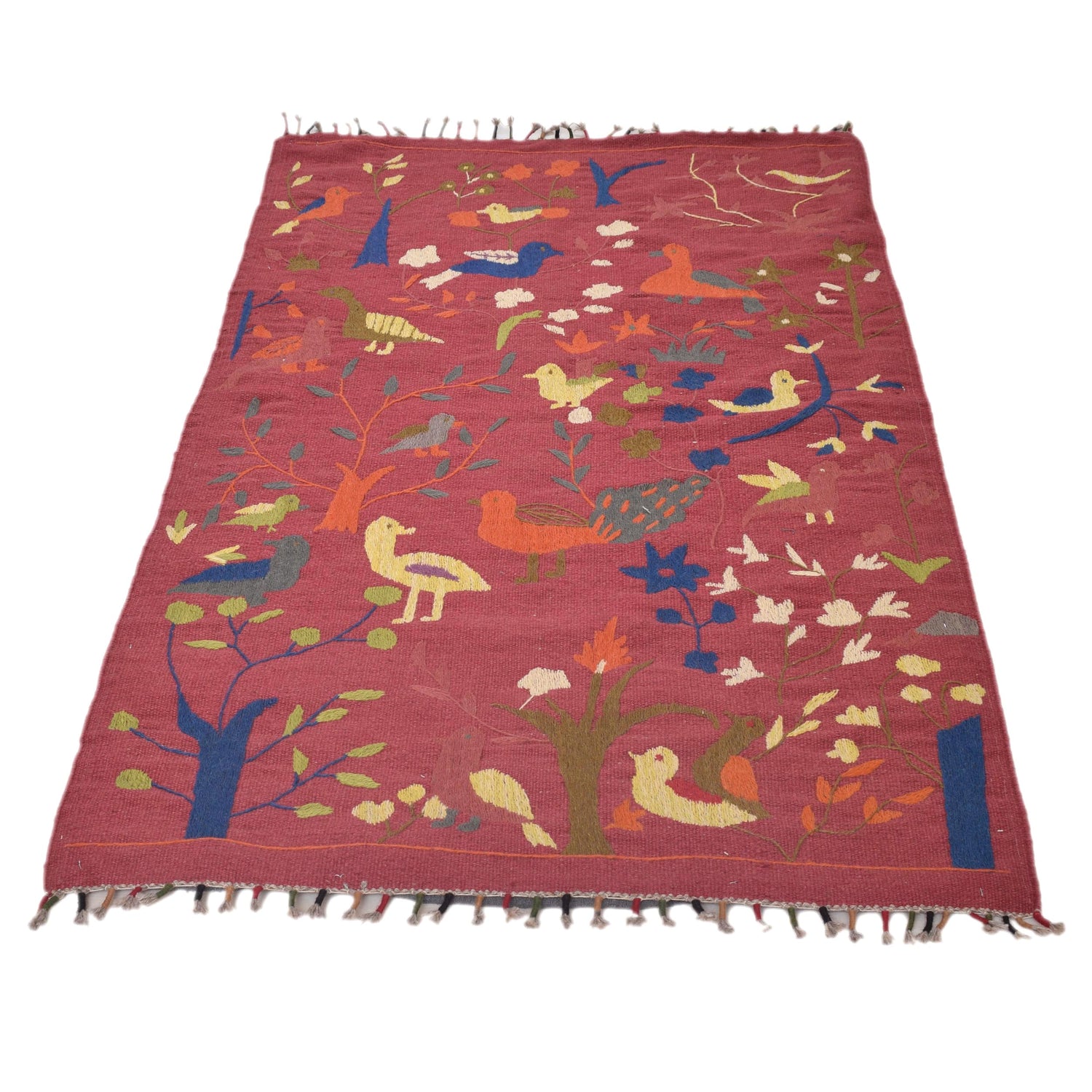 Embroidery Kilim Area Rug Handmade Red Animal 3x5 ft