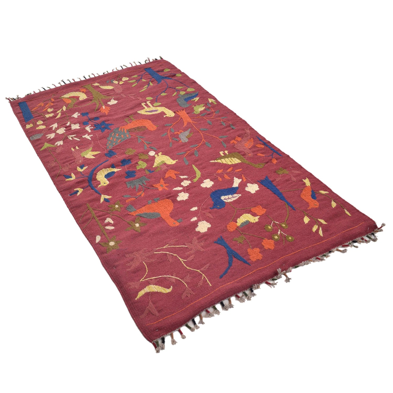 Embroidery Kilim Area Rug Handmade Red Animal 3x5 ft