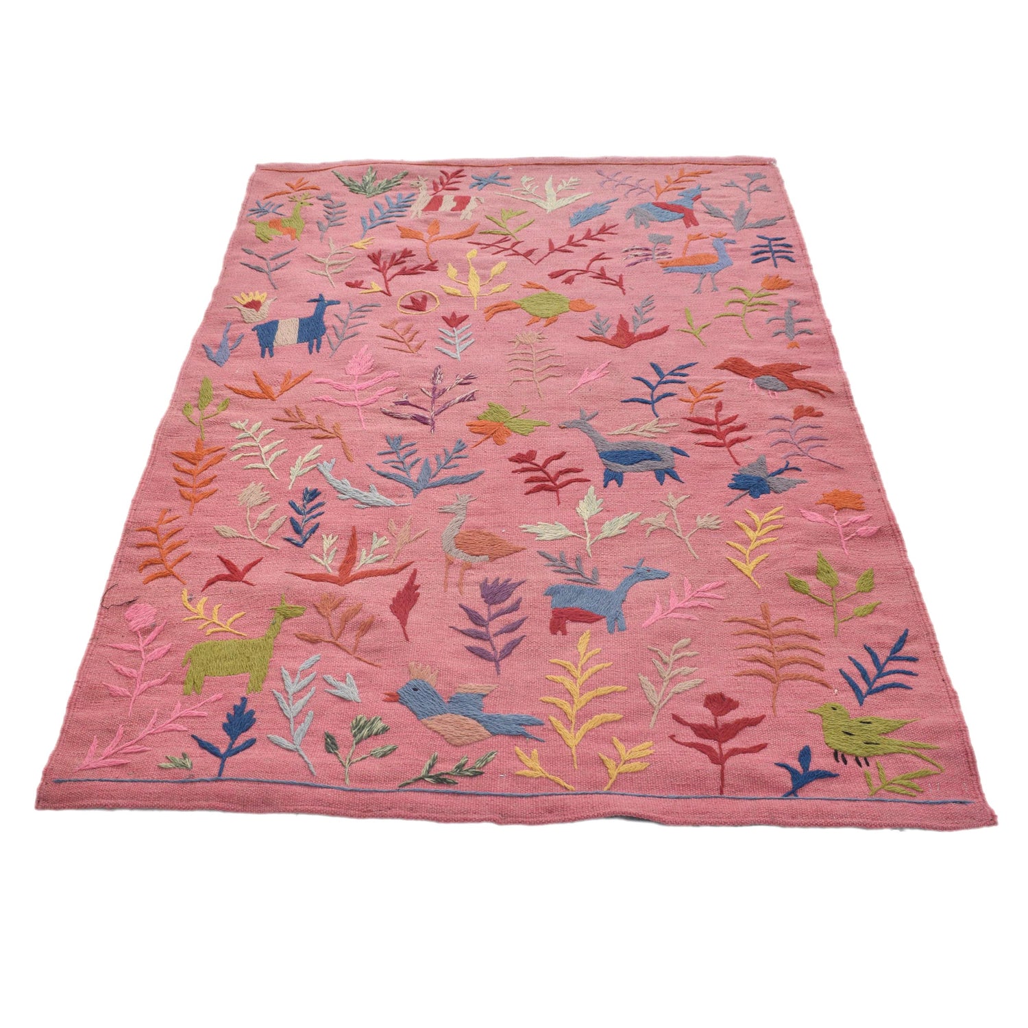 Embroidery Kilim Area Rug Handmade Pink Animal 4x6 ft