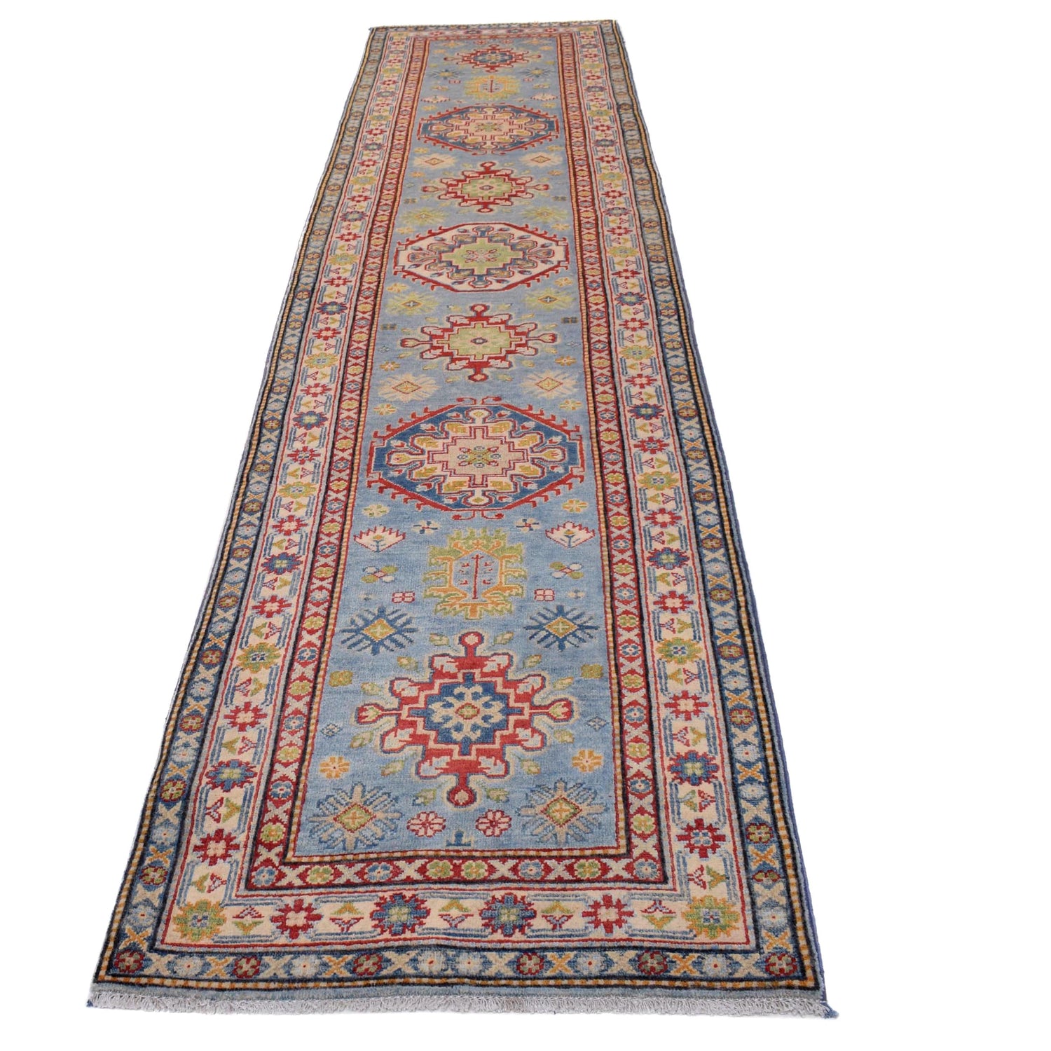 Kazak Rug Handmade Blue Medallion 13' Runner