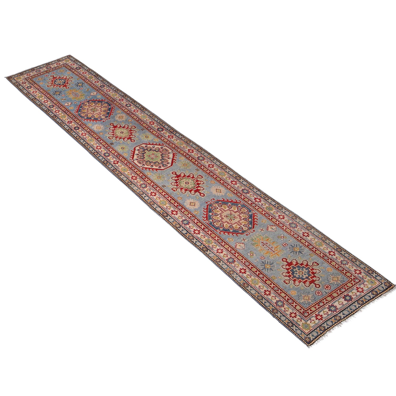 Kazak Rug Handmade Blue Medallion 13' Runner