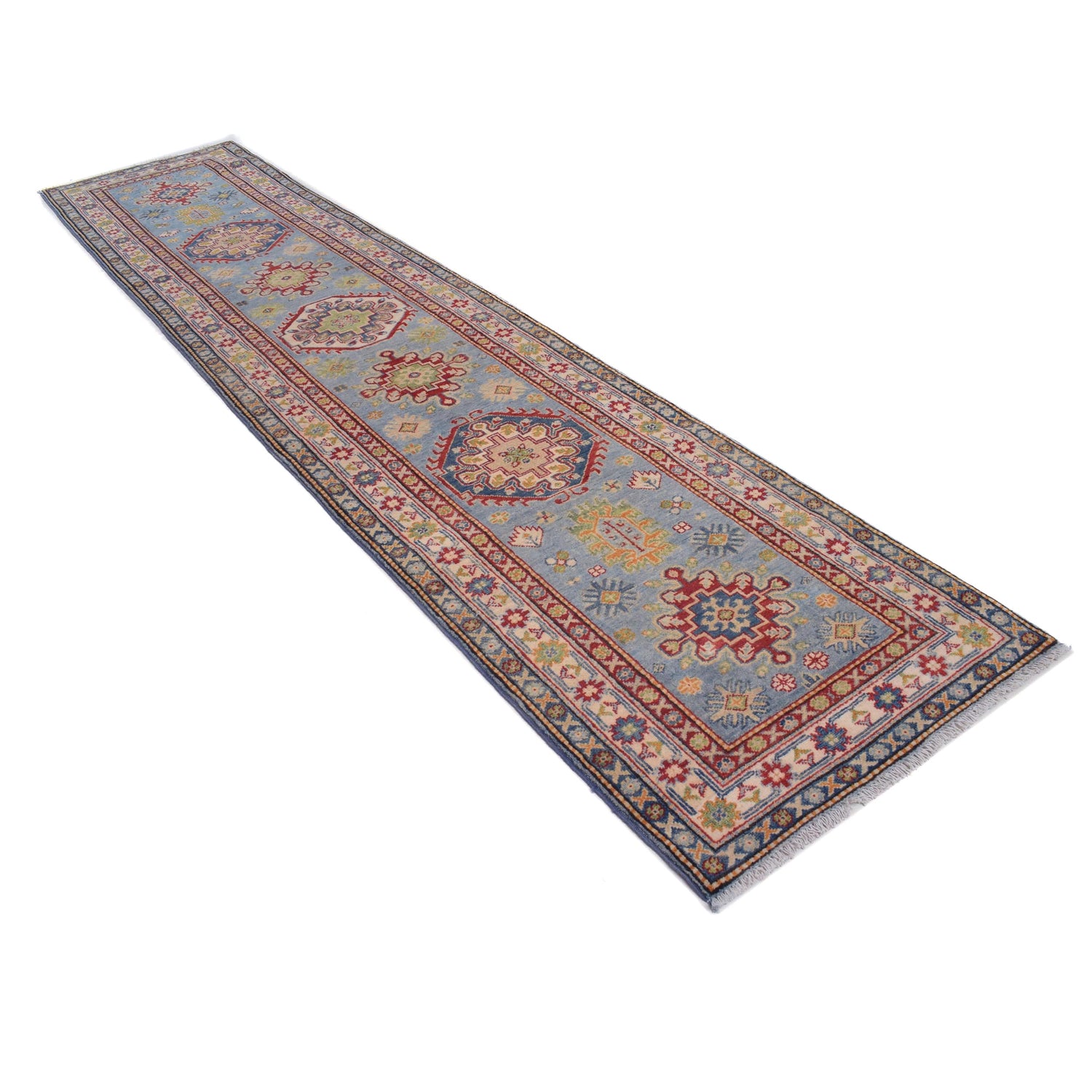 Kazak Rug Handmade Blue Medallion 13' Runner
