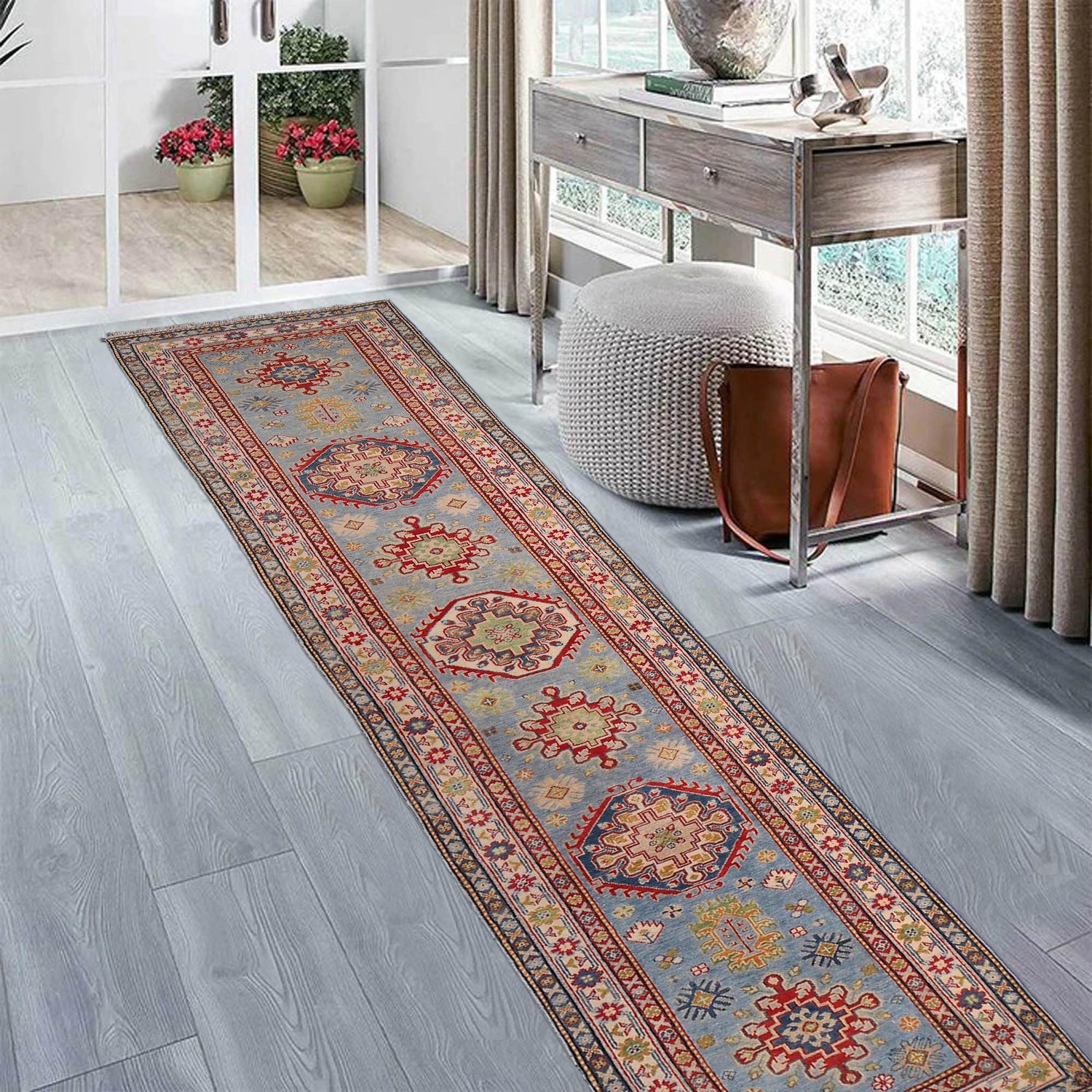 Kazak Rug Handmade Blue Medallion 13' Runner