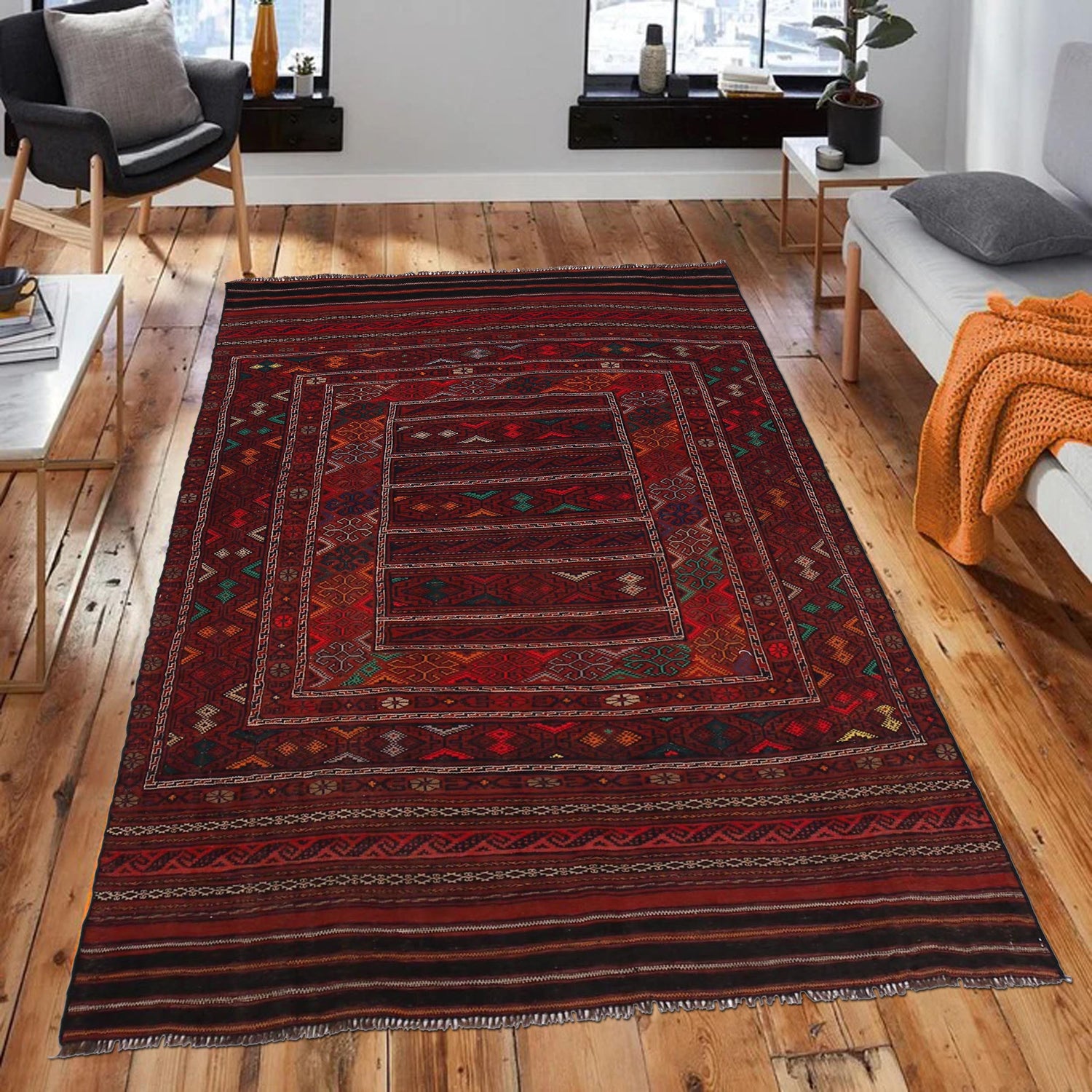 Laghari Kilim Area Rug Handmade Multi Geometric 4x7 ft