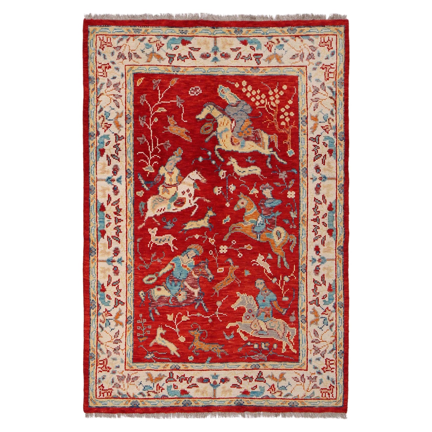 Pictorial Rug Handmade Red Design