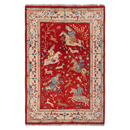 Pictorial Rug Handmade Red Design