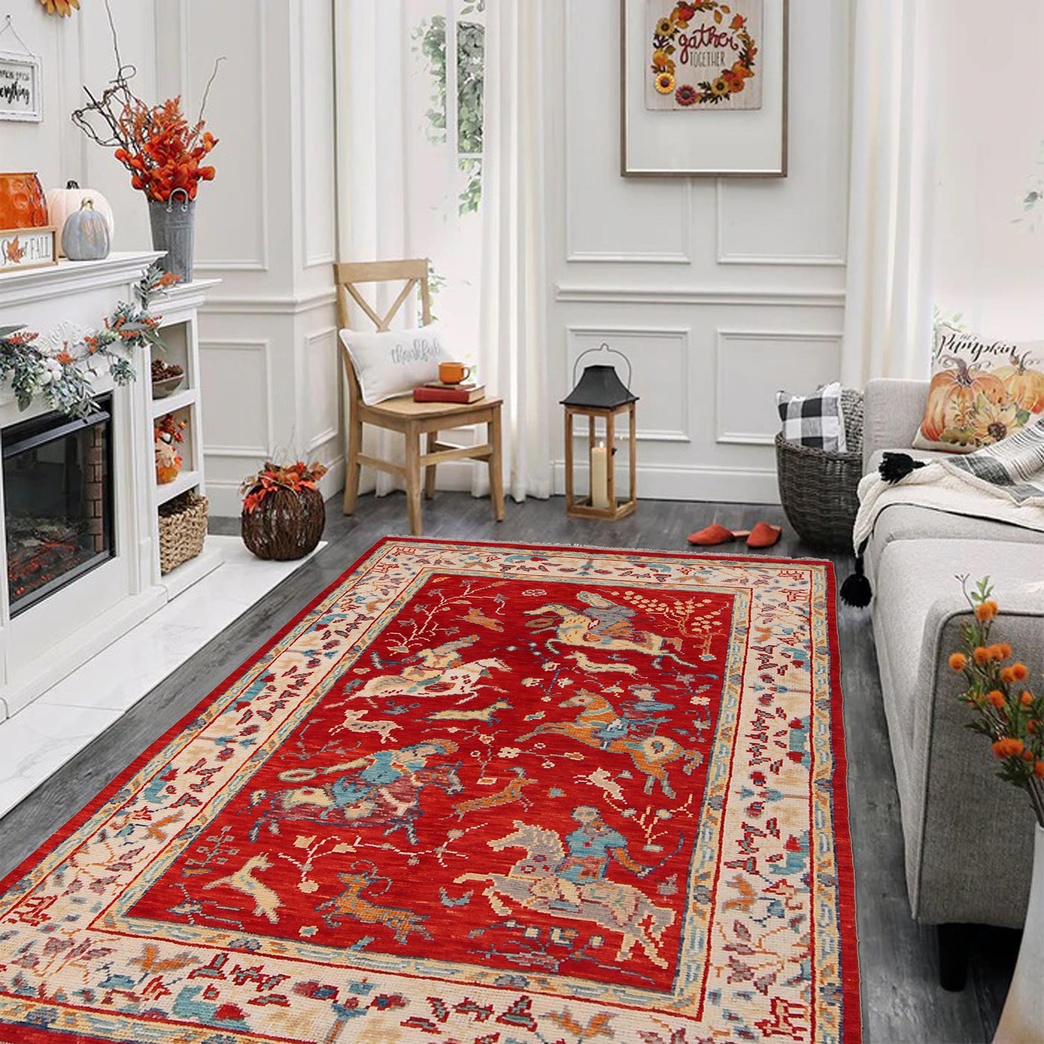Pictorial Rug Handmade Red Design