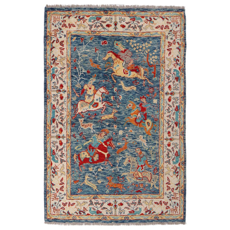 Pictorial Rug Handmade Blue Design