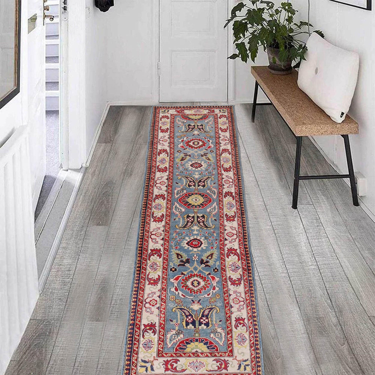 Kazak Rug Handmade Blue Medallion 13' Runner