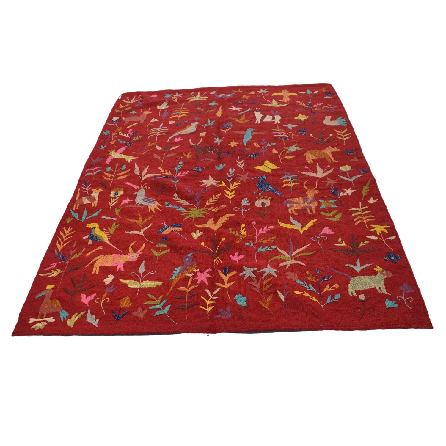 Embroidery Kilim Area Rug Handmade Red Animal 4x7 ft