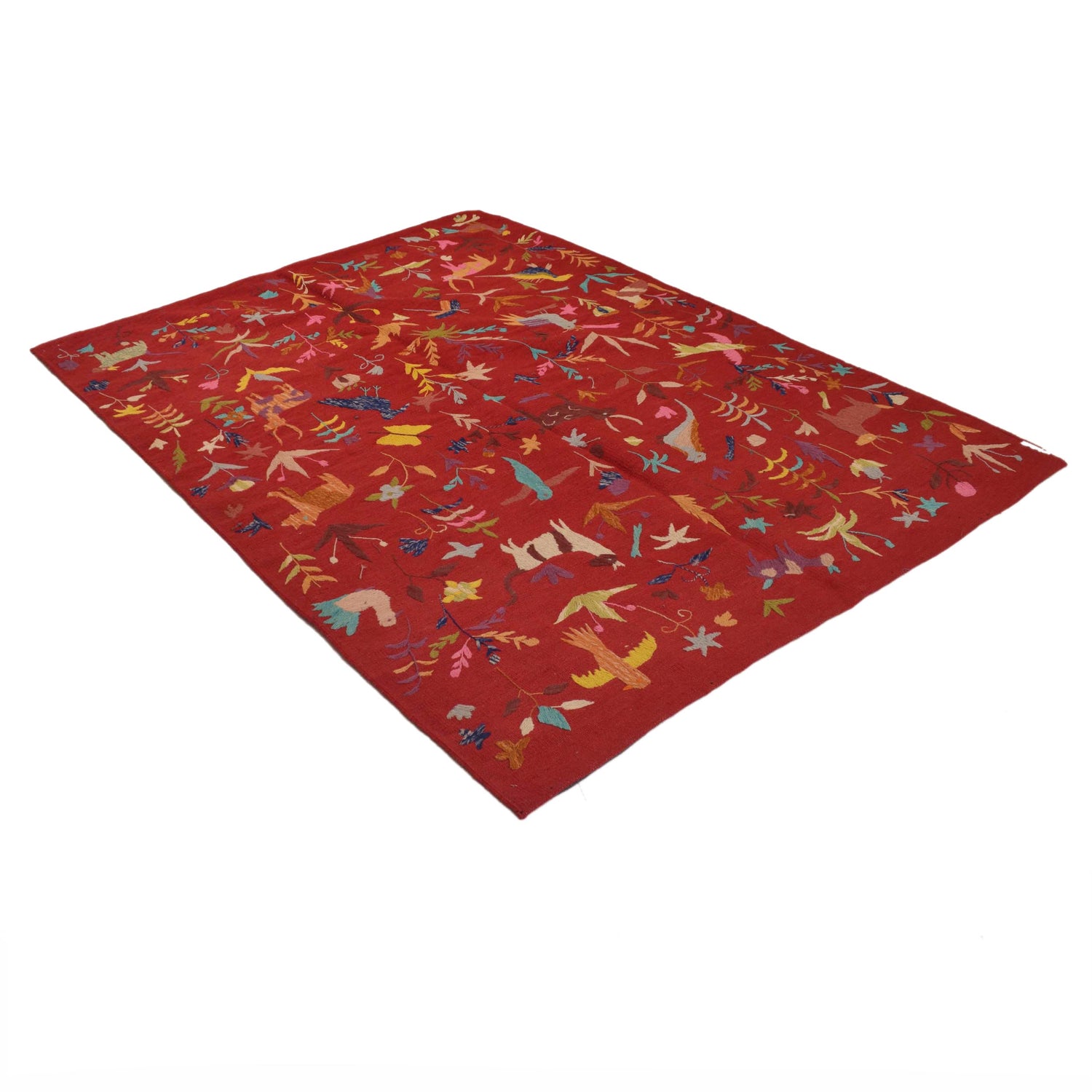 Embroidery Kilim Area Rug Handmade Red Animal 4x7 ft