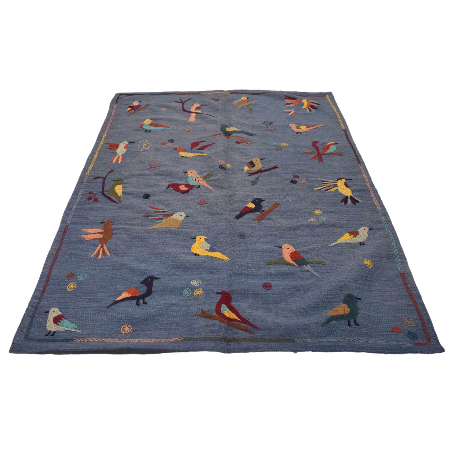 Embroidery Kilim Area Rug Handmade Blue Animal 4x7 ft