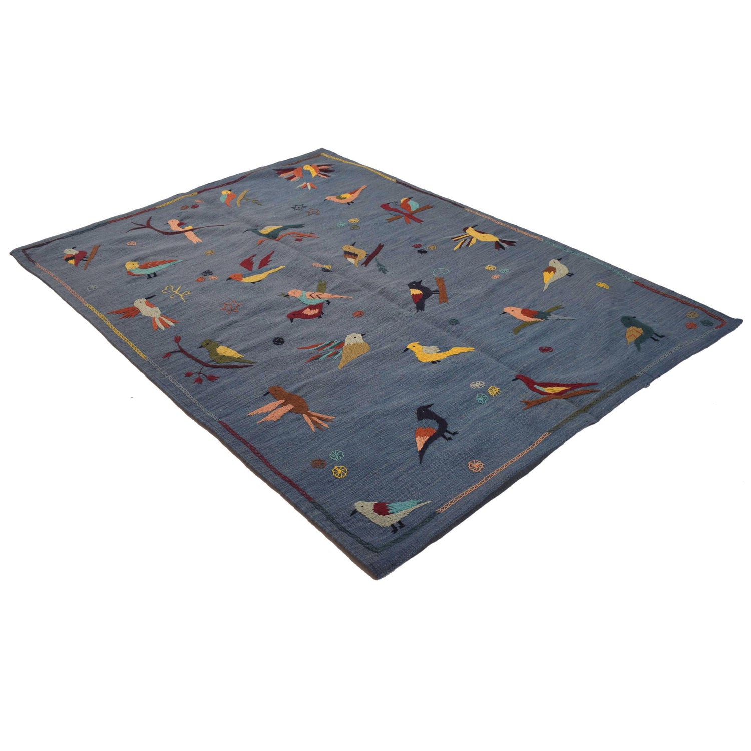 Embroidery Kilim Area Rug Handmade Blue Animal 4x7 ft