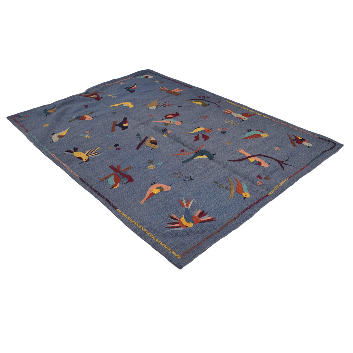 Embroidery Kilim Area Rug Handmade Blue Animal 4x7 ft