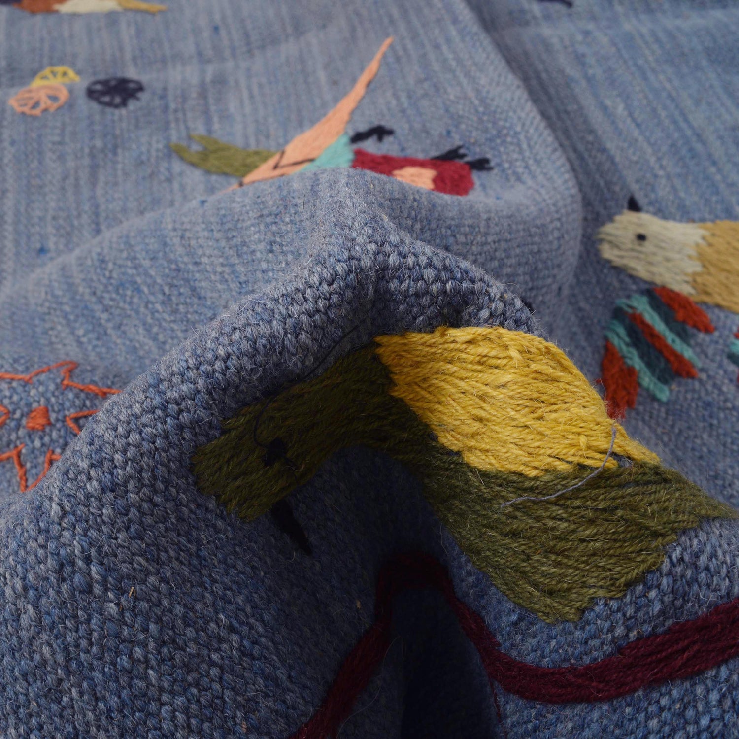 Embroidery Kilim Area Rug Handmade Blue Animal 4x7 ft
