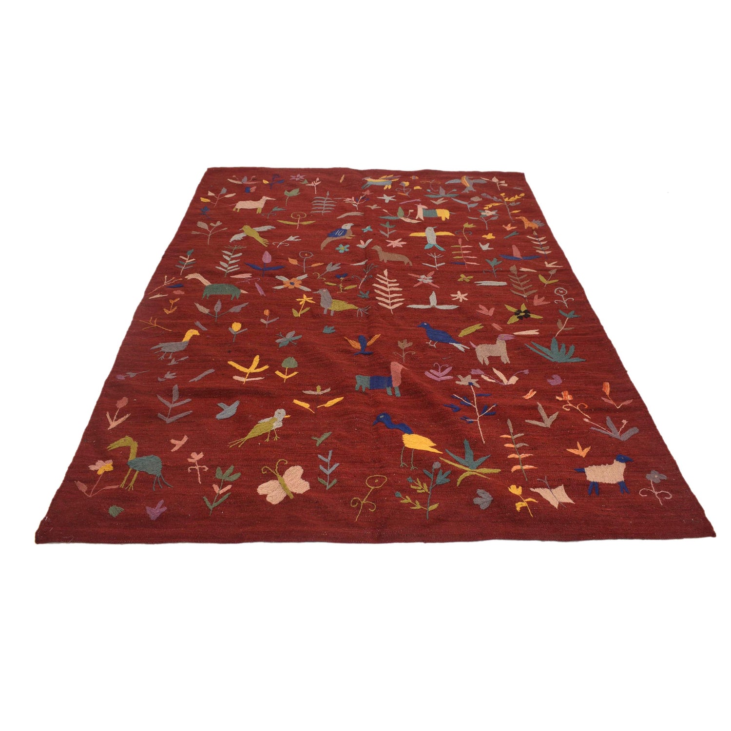 Embroidery Kilim Area Rug Handmade Red Animal 5x8 ft