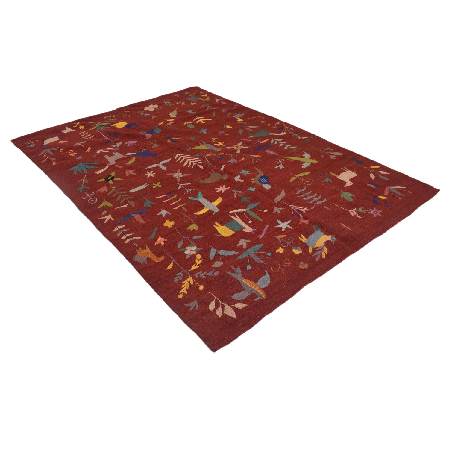 Embroidery Kilim Area Rug Handmade Red Animal 5x8 ft