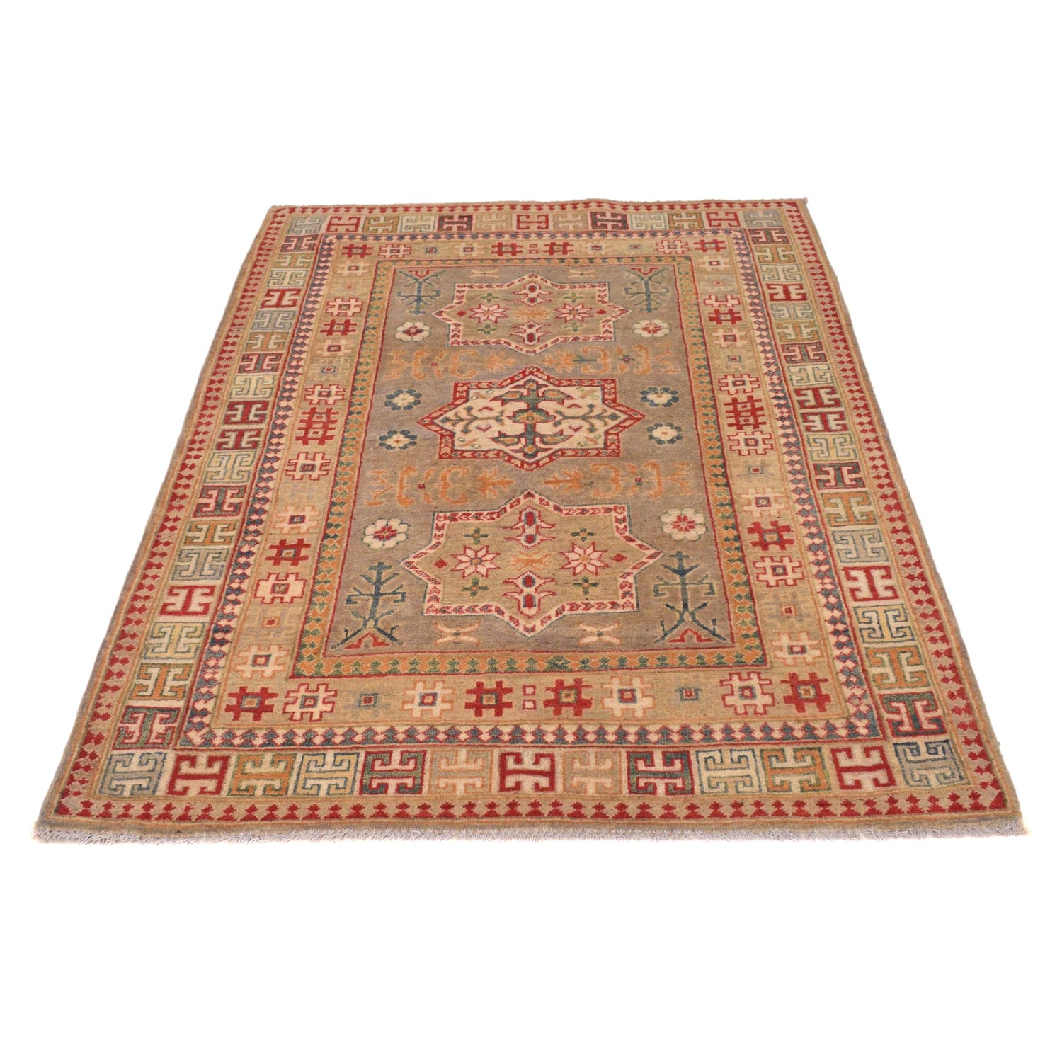 Kazak Rug Handmade Gray Medallion 4x6 ft