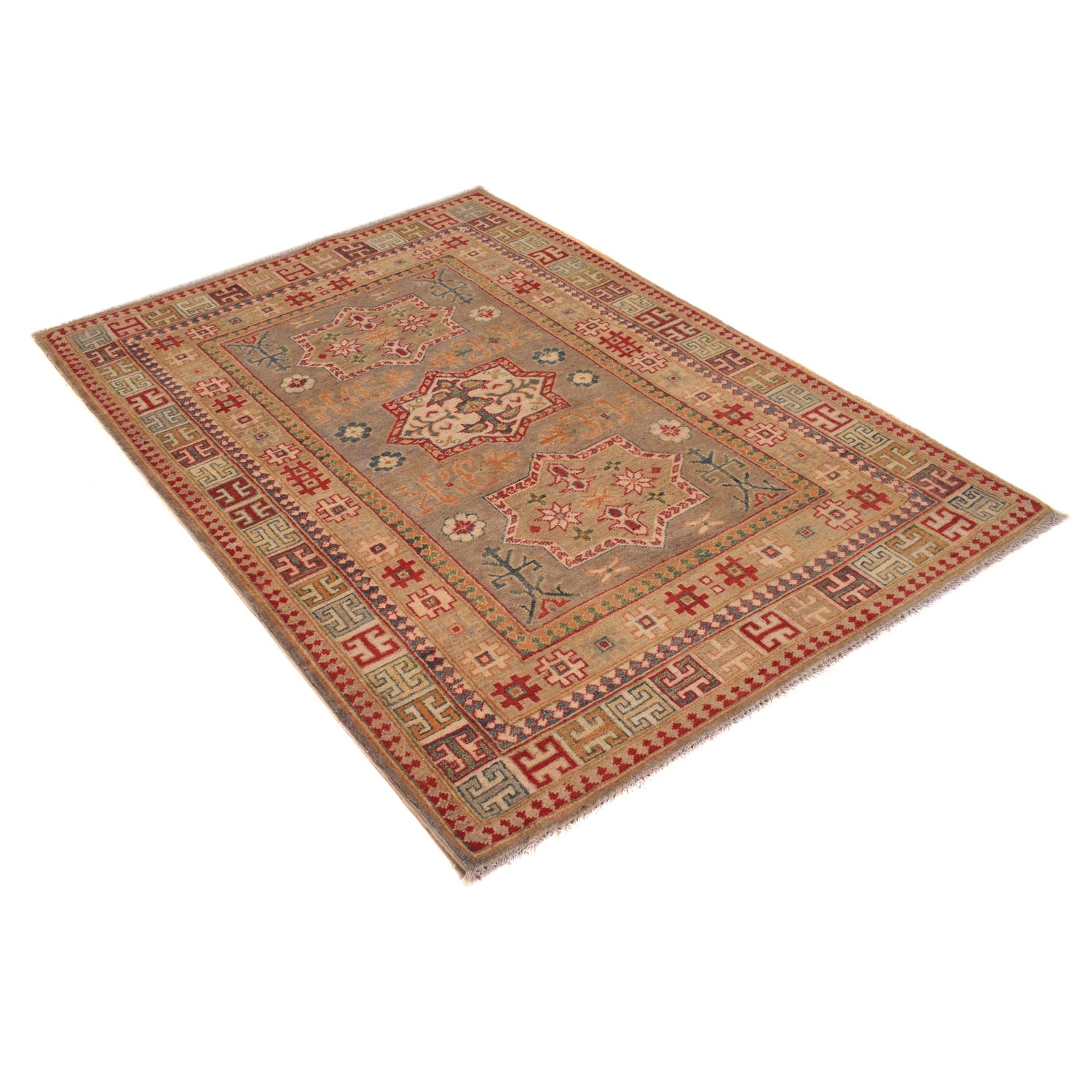 Kazak Rug Handmade Gray Medallion 4x6 ft