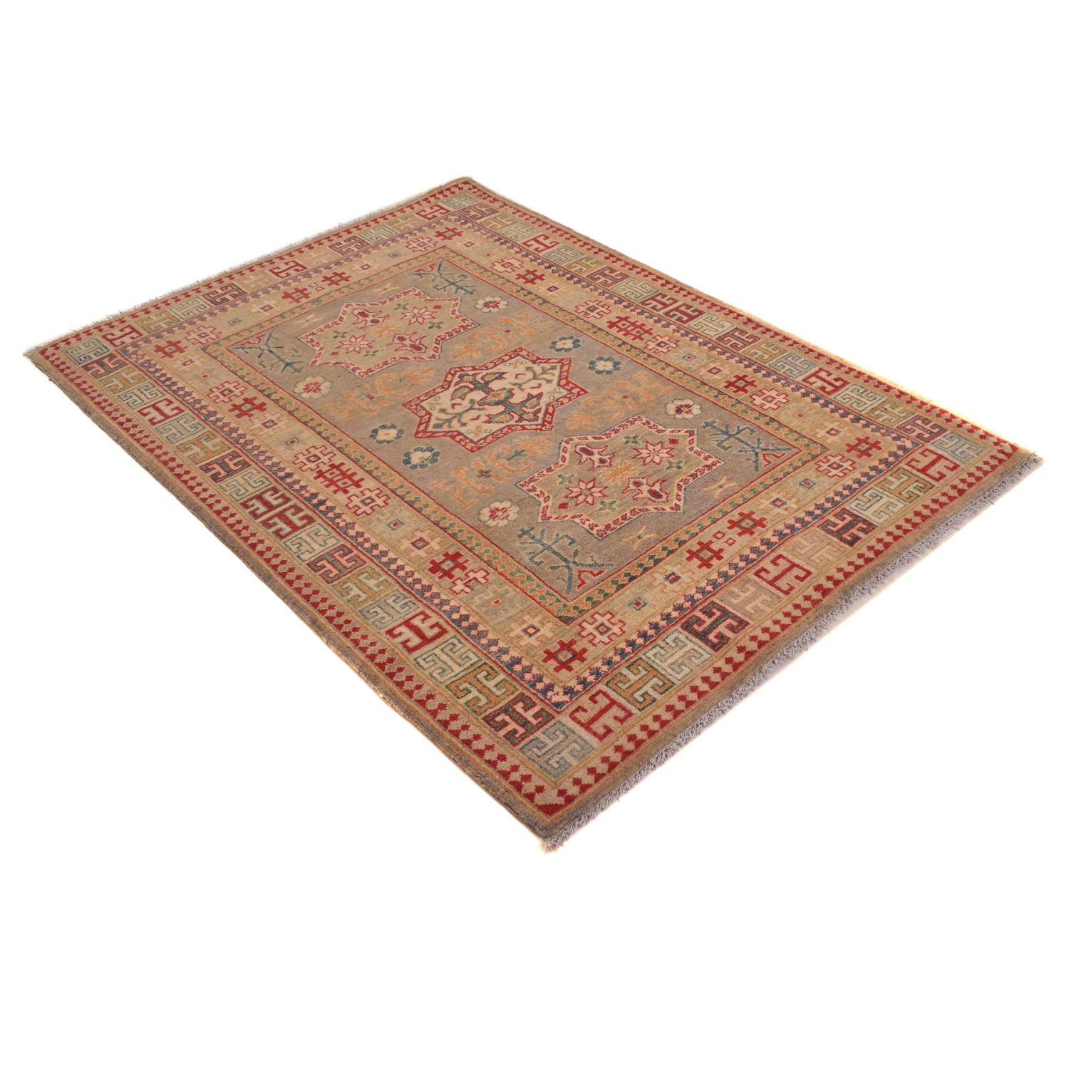 Kazak Rug Handmade Gray Medallion 4x6 ft
