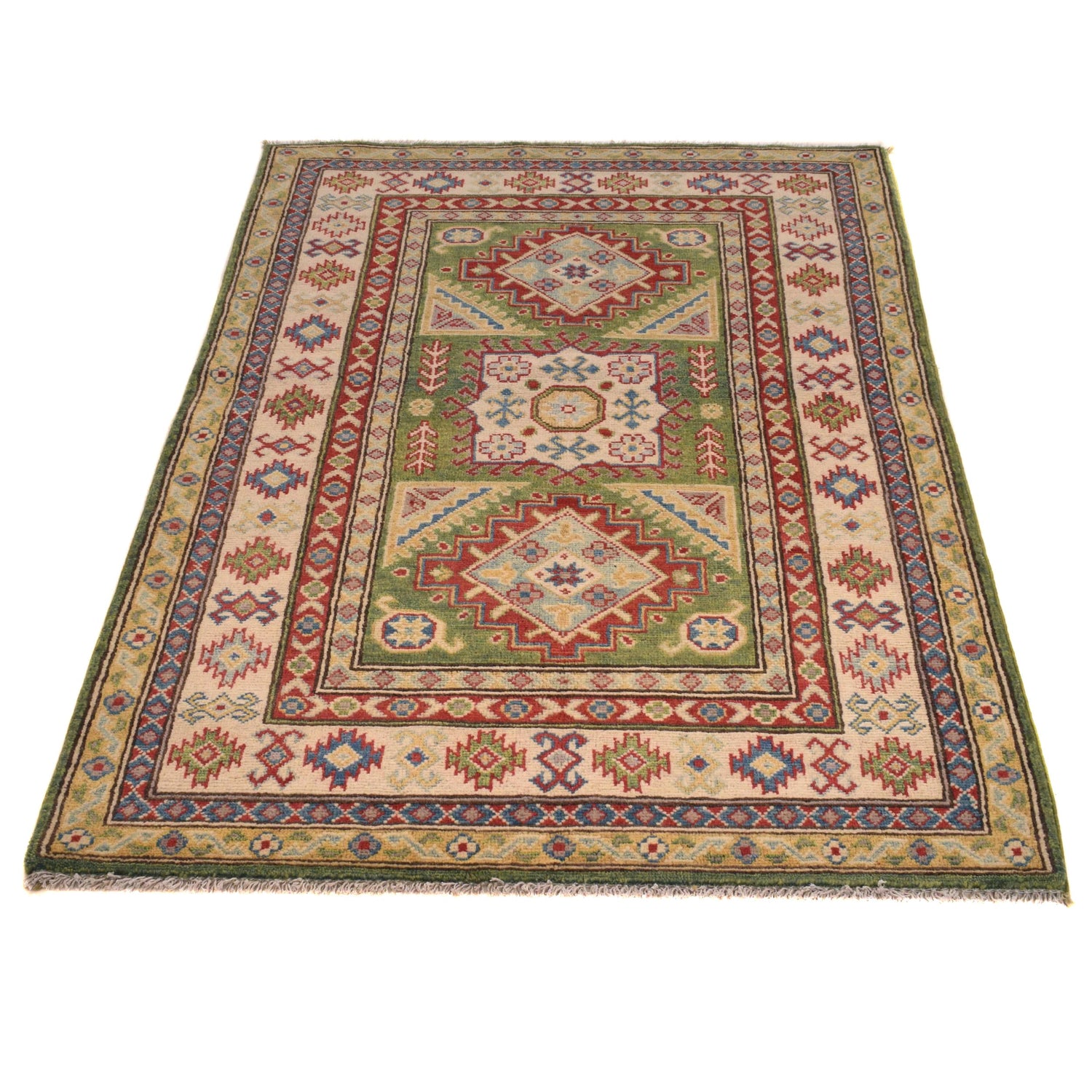 Kazak Rug Handmade Green Medallion 3x5 ft