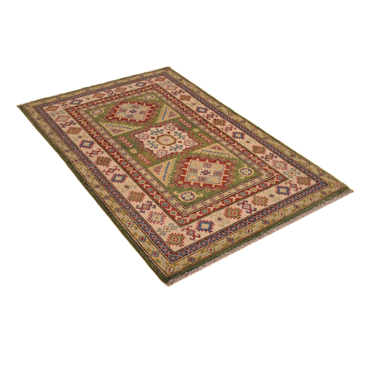 Kazak Rug Handmade Green Medallion 3x5 ft