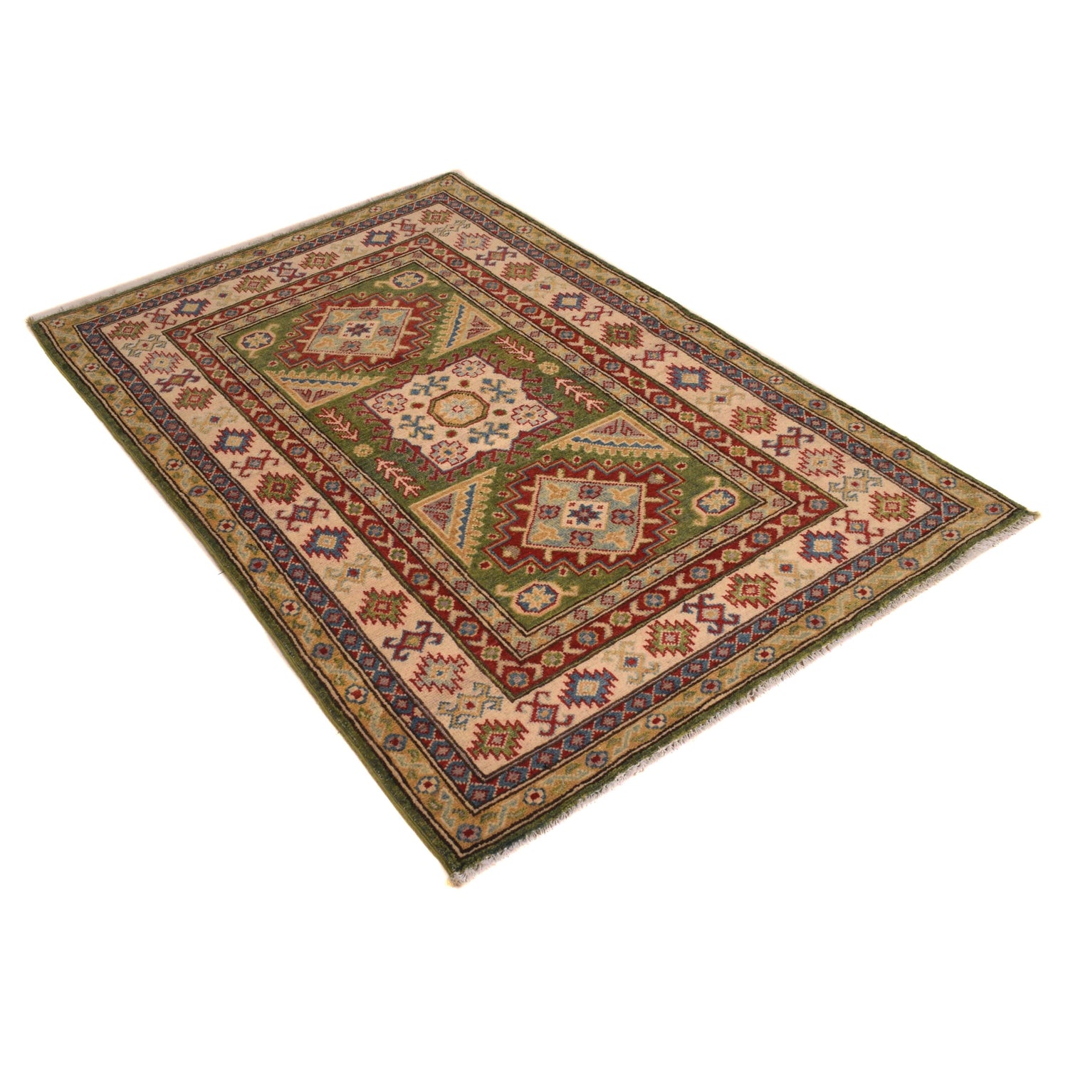 Kazak Rug Handmade Green Medallion 3x5 ft